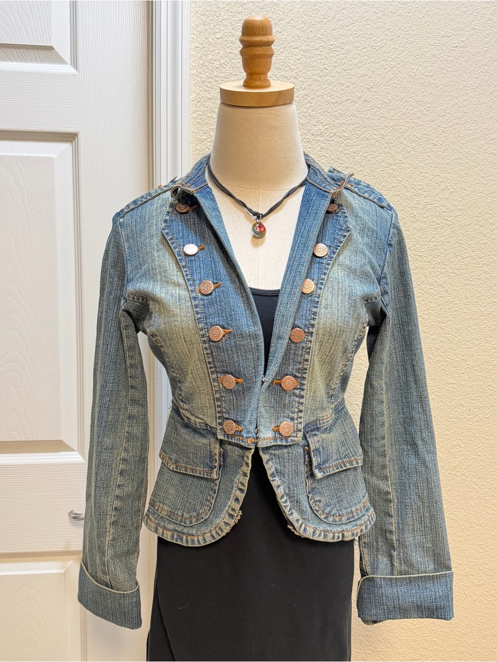 Y2K Military Style Denim Jacket Double Breasted Button Jacket